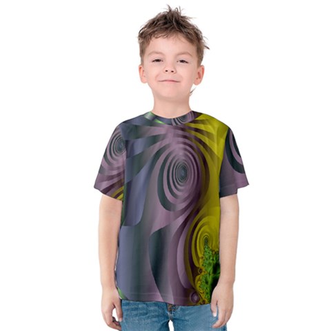 Fractal In Purple Gold And Green Kids  Cotton Tee by Simbadda