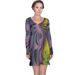 Fractal In Purple Gold And Green Long Sleeve Nightdress by Simbadda