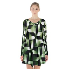 Green Black And White Abstract Background Of Squares Long Sleeve Velvet V-neck Dress by Simbadda