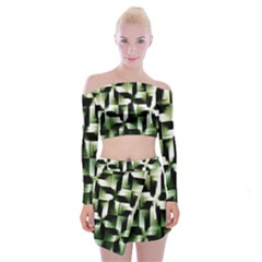 Green Black And White Abstract Background Of Squares Off Shoulder Top With Skirt Set