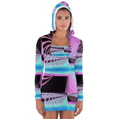 Blue And Pink Swirls And Circles Fractal Women s Long Sleeve Hooded T-shirt by Simbadda