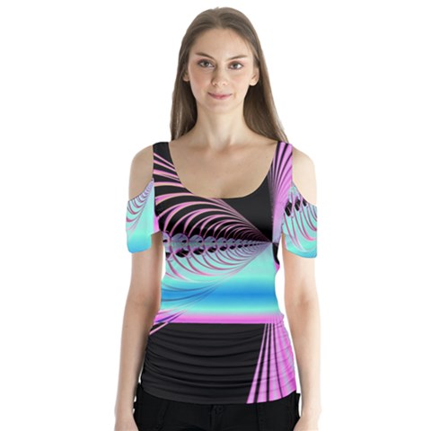 Blue And Pink Swirls And Circles Fractal Butterfly Sleeve Cutout Tee  by Simbadda