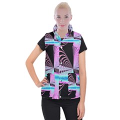 Blue And Pink Swirls And Circles Fractal Women s Button Up Puffer Vest