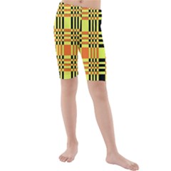 Yellow Orange And Black Background Plaid Like Background Of Halloween Colors Orange Yellow And Black Kids  Mid Length Swim Shorts by Simbadda