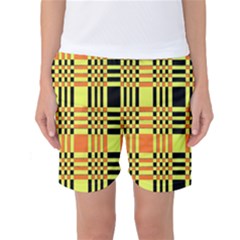 Yellow Orange And Black Background Plaid Like Background Of Halloween Colors Orange Yellow And Black Women s Basketball Shorts by Simbadda