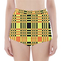 Yellow Orange And Black Background Plaid Like Background Of Halloween Colors Orange Yellow And Black High-waisted Bikini Bottoms by Simbadda