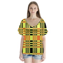 Yellow Orange And Black Background Plaid Like Background Of Halloween Colors Orange Yellow And Black Flutter Sleeve Top by Simbadda