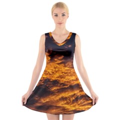 Abstract Orange Black Sunset Clouds V-neck Sleeveless Skater Dress by Simbadda