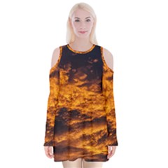 Abstract Orange Black Sunset Clouds Velvet Long Sleeve Shoulder Cutout Dress by Simbadda