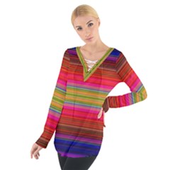 Fiesta Stripe Bright Colorful Neon Stripes Cinco De Mayo Background Women s Tie Up Tee by Simbadda