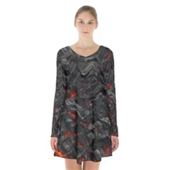 Volcanic Lava Background Effect Long Sleeve Velvet V-neck Dress by Simbadda