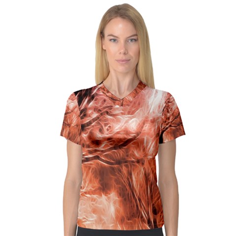 Fire In The Forest Artistic Reproduction Of A Forest Photo Women s V-neck Sport Mesh Tee by Simbadda