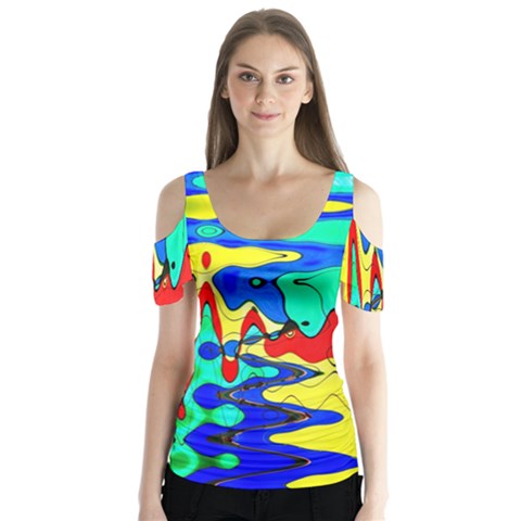 Bright Colours Abstract Butterfly Sleeve Cutout Tee  by Simbadda