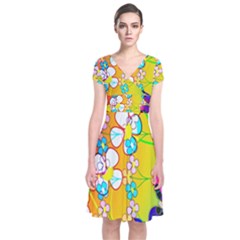 Abstract Flowers Design Short Sleeve Front Wrap Dress by Simbadda