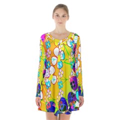 Abstract Flowers Design Long Sleeve Velvet V-neck Dress by Simbadda