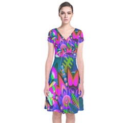 Wild Abstract Design Short Sleeve Front Wrap Dress by Simbadda