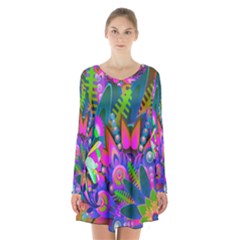 Wild Abstract Design Long Sleeve Velvet V-neck Dress by Simbadda