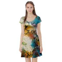 Abstract Color Splash Background Colorful Wallpaper Short Sleeve Skater Dress by Simbadda