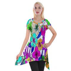 Floral Colorful Background Of Hand Drawn Flowers Short Sleeve Side Drop Tunic by Simbadda