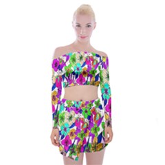 Floral Colorful Background Of Hand Drawn Flowers Off Shoulder Top With Skirt Set by Simbadda