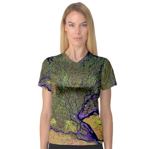 Lena River Delta A Photo Of A Colorful River Delta Taken From A Satellite Women s V-neck Sport Mesh Tee by Simbadda