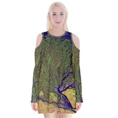 Lena River Delta A Photo Of A Colorful River Delta Taken From A Satellite Velvet Long Sleeve Shoulder Cutout Dress by Simbadda