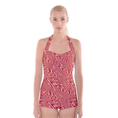 Abstract Neutral Pattern Boyleg Halter Swimsuit 