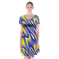 Blue Yellow Wave Abstract Background Short Sleeve V-neck Flare Dress