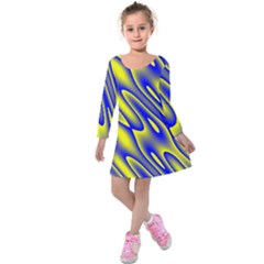 Blue Yellow Wave Abstract Background Kids  Long Sleeve Velvet Dress by Nexatart