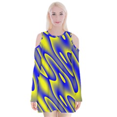 Blue Yellow Wave Abstract Background Velvet Long Sleeve Shoulder Cutout Dress by Nexatart