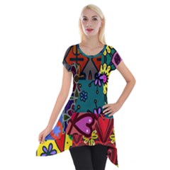 Digitally Created Abstract Patchwork Collage Pattern Short Sleeve Side Drop Tunic