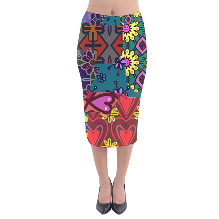 Digitally Created Abstract Patchwork Collage Pattern Velvet Midi Pencil Skirt