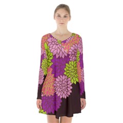 Floral Card Template Bright Colorful Dahlia Flowers Pattern Background Long Sleeve Velvet V-neck Dress by Nexatart