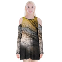 Tree Art Artistic Abstract Background Velvet Long Sleeve Shoulder Cutout Dress