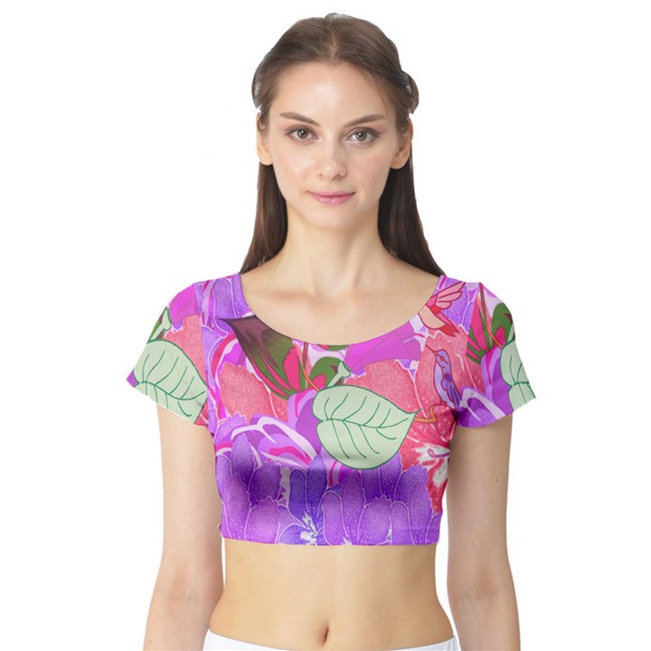 Abstract Design With Hummingbirds Short Sleeve Crop Top (Tight Fit)