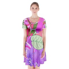 Abstract Design With Hummingbirds Short Sleeve V-neck Flare Dress