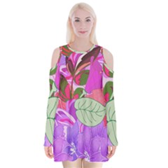 Abstract Design With Hummingbirds Velvet Long Sleeve Shoulder Cutout Dress