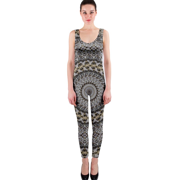 Celestial Pinwheel Of Pattern Texture And Abstract Shapes N Brown OnePiece Catsuit