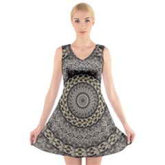 Celestial Pinwheel Of Pattern Texture And Abstract Shapes N Brown V-neck Sleeveless Skater Dress by Nexatart