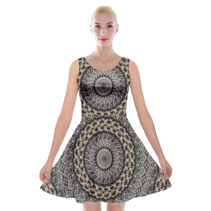 Celestial Pinwheel Of Pattern Texture And Abstract Shapes N Brown Velvet Skater Dress