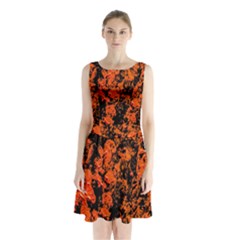 Abstract Orange Background Sleeveless Chiffon Waist Tie Dress