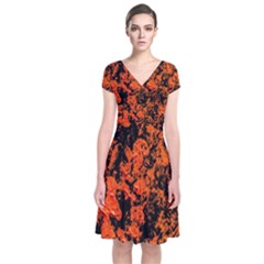 Abstract Orange Background Short Sleeve Front Wrap Dress