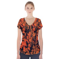 Abstract Orange Background Short Sleeve Front Detail Top