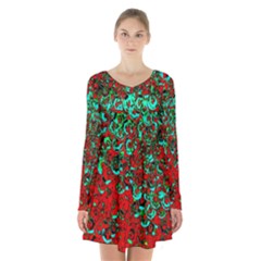 Red Turquoise Abstract Background Long Sleeve Velvet V-neck Dress by Nexatart