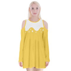 Beer Foam Yellow White Velvet Long Sleeve Shoulder Cutout Dress