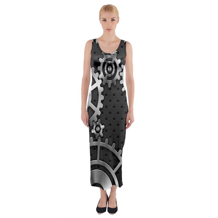 Chain Iron Polka Dot Black Silver Fitted Maxi Dress