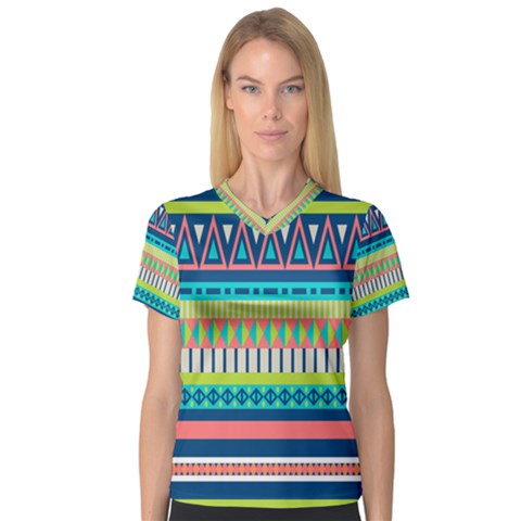 Aztec Triangle Chevron Wave Plaid Circle Color Rainbow Women s V-neck Sport Mesh Tee by Mariart