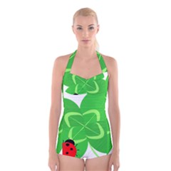 Insect Flower Floral Animals Green Red Line Boyleg Halter Swimsuit  by Mariart