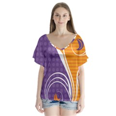 Leaf Polka Dot Purple Orange Flutter Sleeve Top