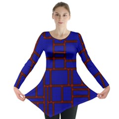 Line Plaid Red Blue Long Sleeve Tunic  by Mariart